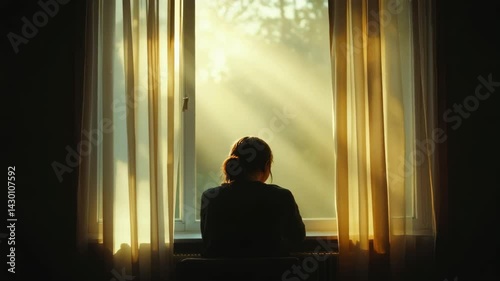 Person reflecting by window with soft sunlight streaming in  