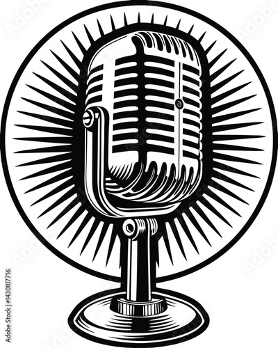retro microphone on a stand, perfect for music, podcasts, or broadcasting themes sketch engraving generative ai raster illustration. Scratch board imitation. Black and white image.