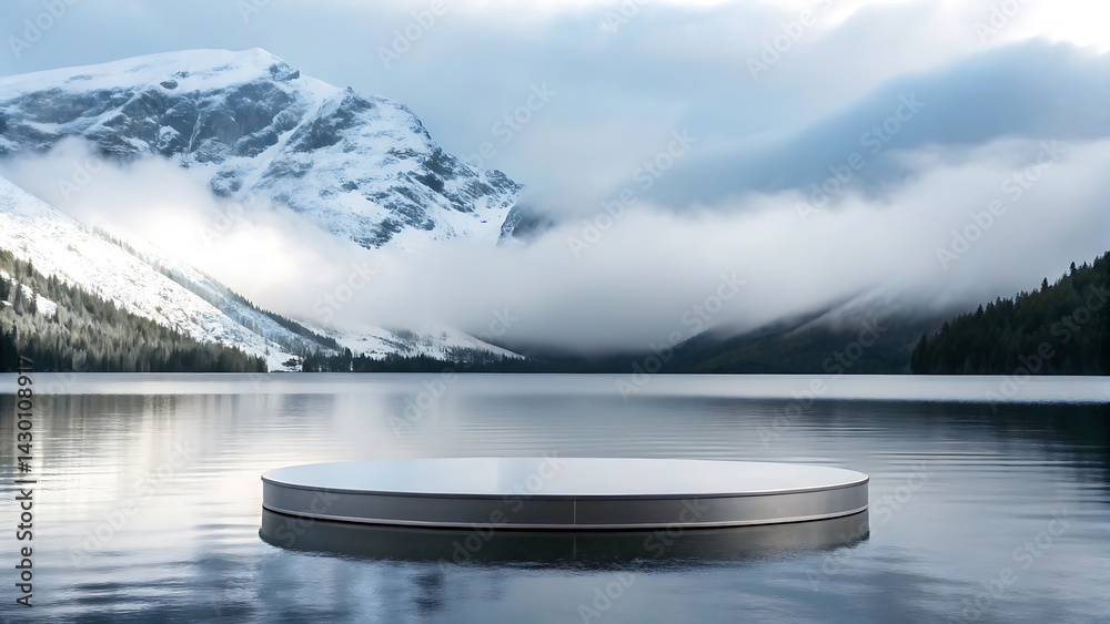 Obraz premium Minimalist Winter Lake Scene Product Display Platform