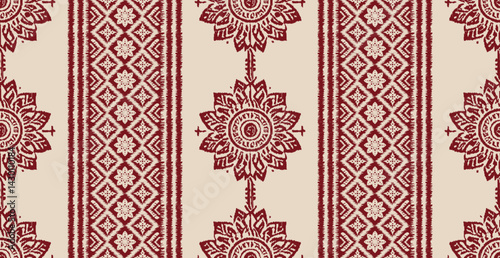 Motifs African boho paisley floral Ikat pattern embroidery border. Ethnic oriental stamped folklore ornament. Aztec indian traditional textile. Design for texture, fabric, clothing, and decoration