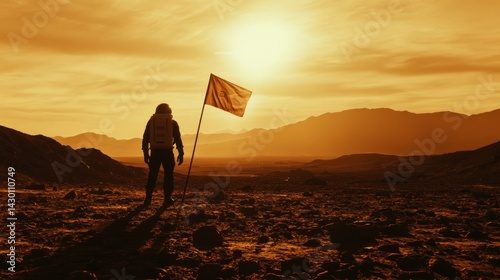 An astronaut placing a flag on the surface of a barren, red planet, with distant mountains, AI Generative.