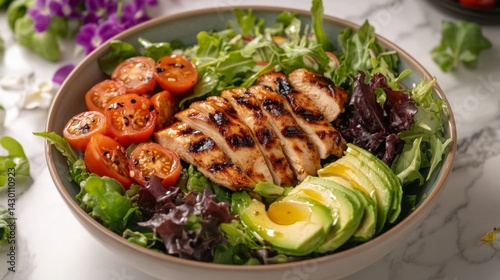 A colorful salad bowl with mixed greens, sliced avocado, cherry tomatoes, and grilled chicken, drizzled with olive oil, AI Generative.