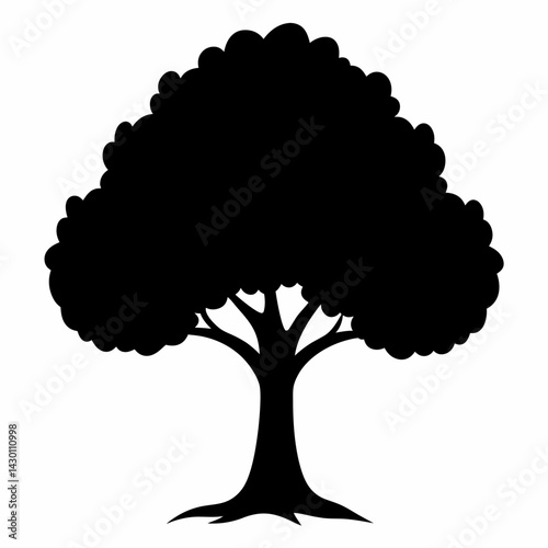 Silhouette of a large, leafless oak tree isolated on white background.