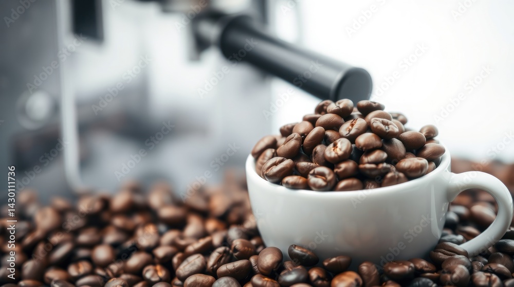 Fototapeta premium Fresh coffee beans in a small white cup, coffee machine in the background. A close-up view of roasted coffee beans piled high in a small white cup.