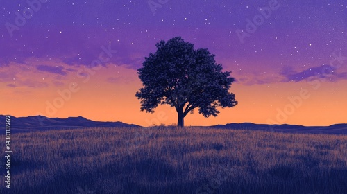 Solitary tree silhouette under a mesmerizing sunset sky with stars in dusk