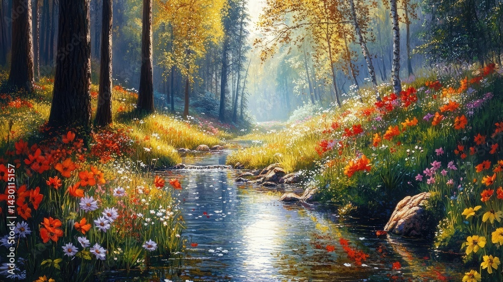 A sparkling stream flowing gently through a vibrant forest, surrounded by tall trees and colorful flowers. A sparkling stream flowing gently through a vibrant forest, surrounded by tall trees and colorful flowers.