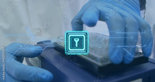 Laboratory technician adjusting multiwell plate in research lab, showing holographic key interface
