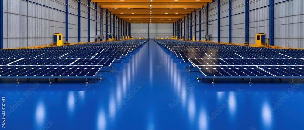 Rows of Solar Panels in a Large Industrial Warehouse