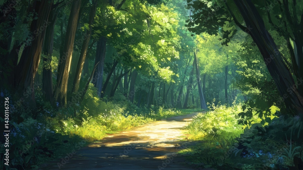 Obraz premium A tranquil forest path surrounded by lush greenery, with dappled sunlight creating a peaceful, joyful atmosphere.