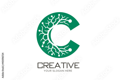 Letter C with Modern Brain Logo Design. Neuron Logo Design