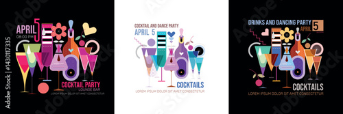 3 options of a Cocktail Party vector poster design featuring a modern cocktail composition isolated on a white and on a black backgrounds.