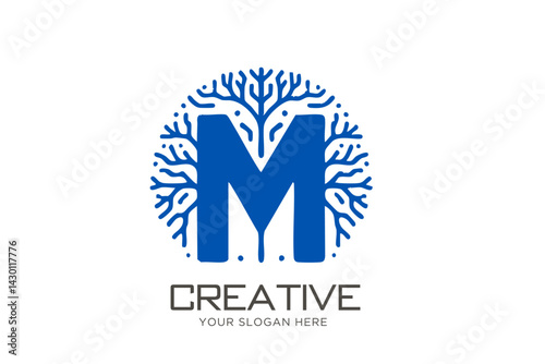 Letter M with Brain Logo Design. Minimal Logo For Clinics and Labs
