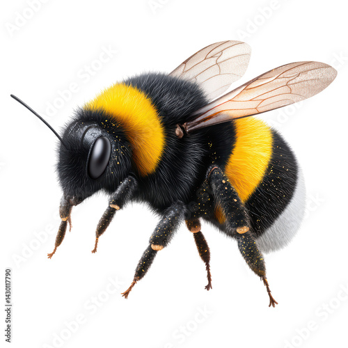 Close-Up of a Bumblebee with Vibrant Black and Yellow Stripes, isolated on transparent background.