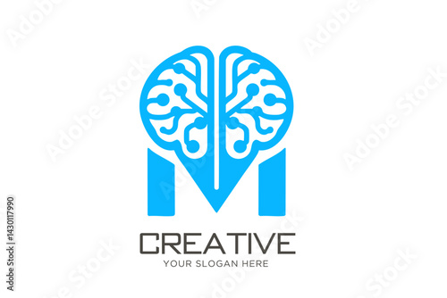 Letter M with Brain Logo Design. Minimal Logo For Clinics and Labs.	