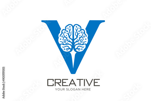 Innovative Letter V with Brain Logo Design. Neuron Logo Design