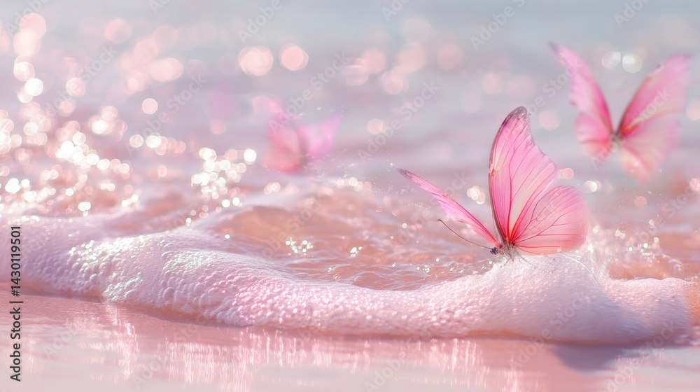 Fototapeta premium Delicate pink butterflies dance over a gentle, rosy beach wave.
