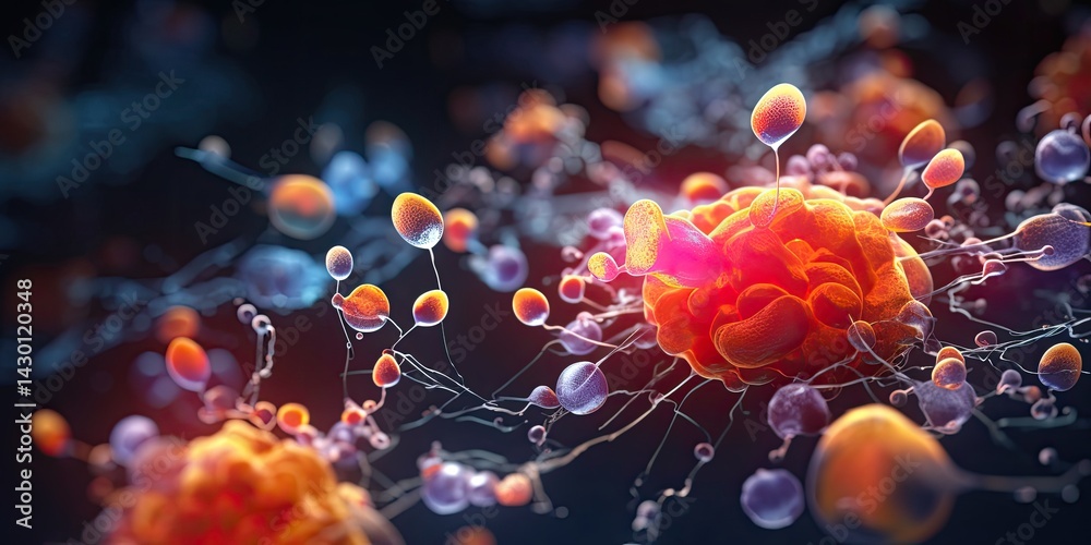 Obraz premium Cell division or cell connection, the microbiological process of reproduction of the simplest microorganisms microbes, bacteria, protein. Cells under a microscope. Generative AI.