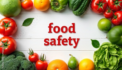 Fototapeta Naklejka Na Ścianę i Meble -  Food safety concept, Clean vegetables and fruits on white wooden table