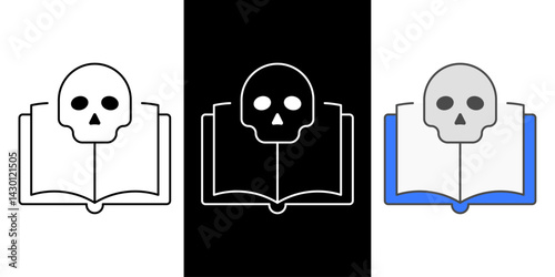 Book and skull icon in outline, color, and dark mode styles, suitable for horror themes, mystery stories, or gothic literature design.