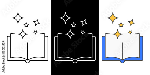 Book and sparkles icon in outline, color, and dark mode styles, ideal for magical reading, inspiration, or fantasy design concepts.