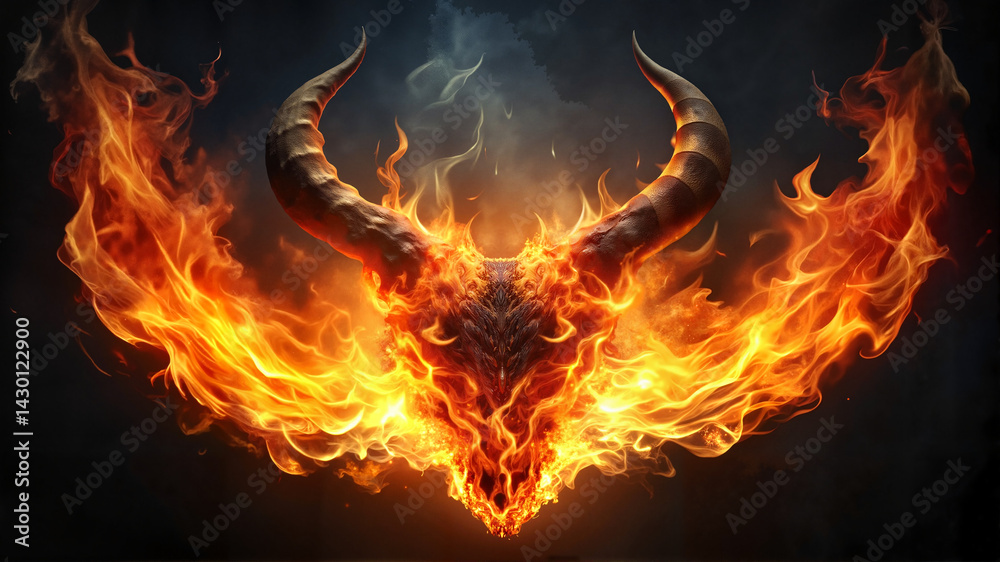 Fototapeta premium Flaming horned skull in fiery symmetrical shape