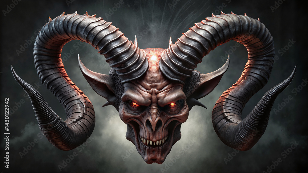 Obraz premium Demon with curved horns and sinister expression on dark background