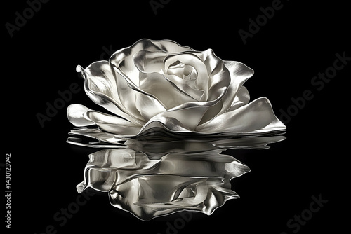 Polished silver rose, reflected in a dark surface.