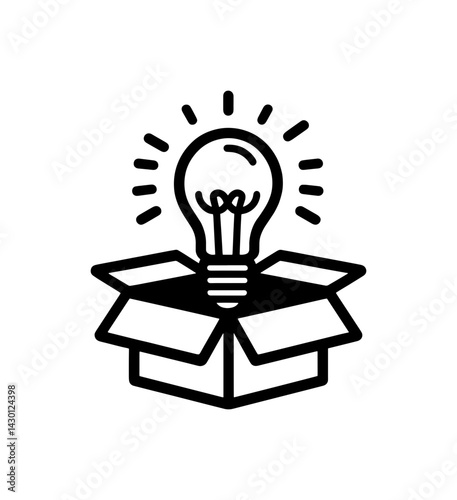 A lightbulb is positioned above an open cardboard box