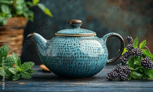 A beautifully crafted teal teapot surrounded by fresh mint leaves and blackberries on a rustic wooden surface