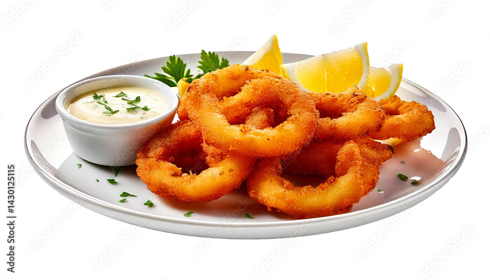 Fried calamari rings on a white plate with tartar sauce and lemon wedges Fried calamari rings on a white plate with tartar sauce and lemon wedges