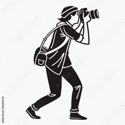 Photographer Shooting With Camera In Black And White Silhouette Style Illustration