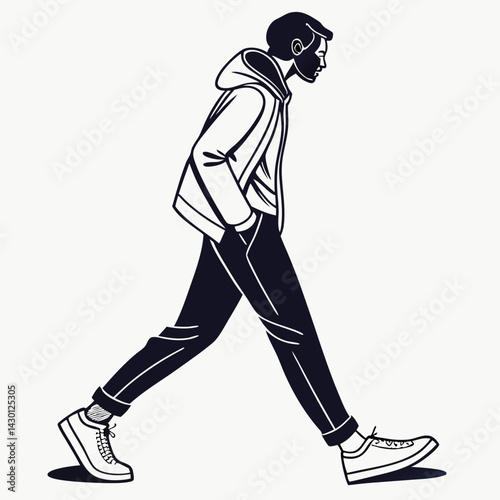 Monochrome Illustration Of A Stylish Man Walking With Hands In Pockets