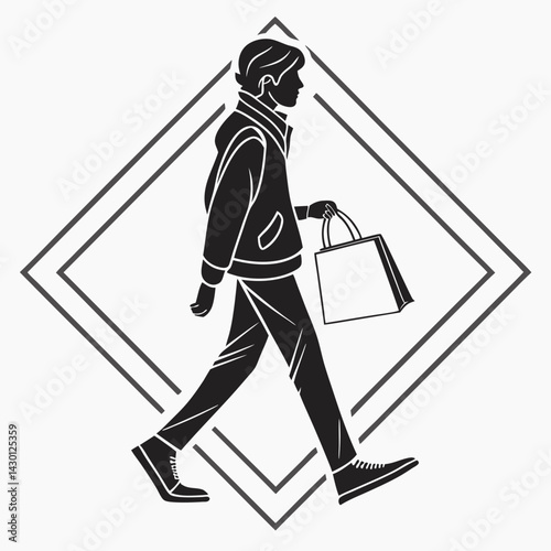 Silhouette Of Stylish Shopper Walking With Shopping Bag Framed By A Geometric Rhombus