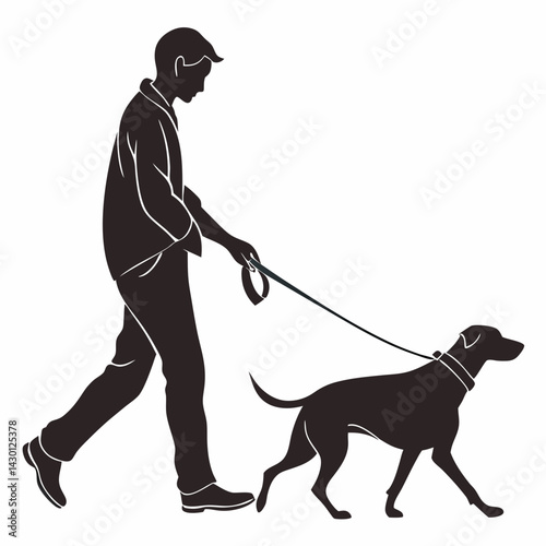 Silhouette Of Woman Walking Labrador Retriever Dog On Leash Outdoors