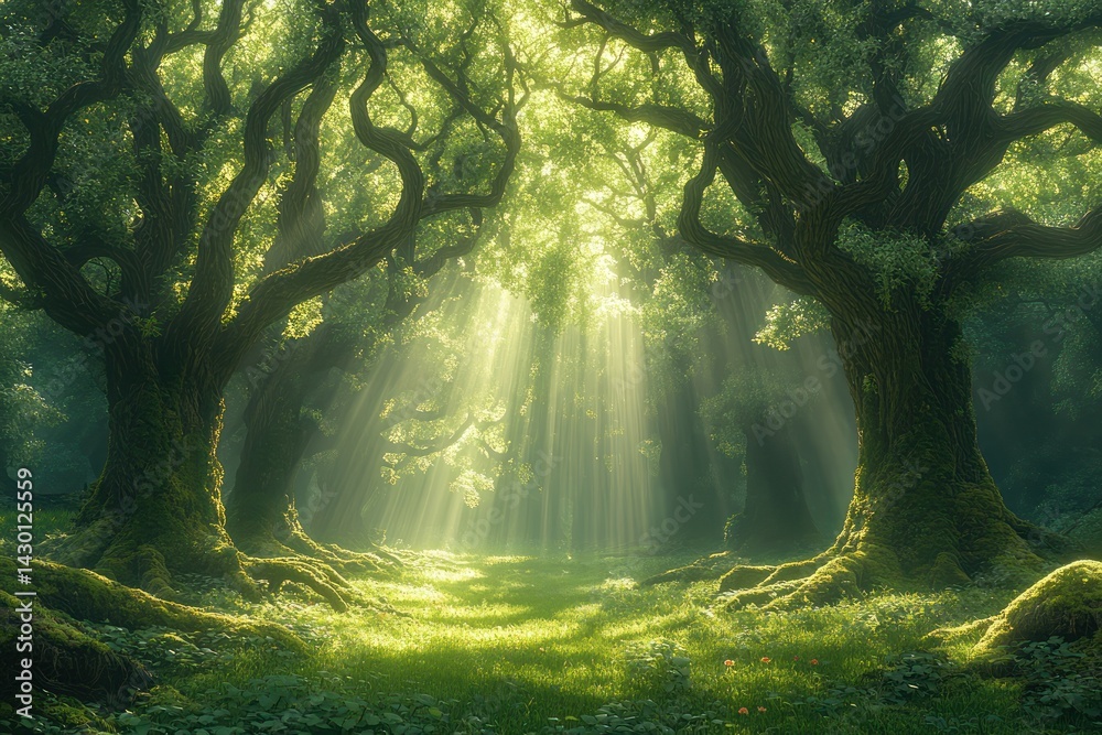 Fototapeta premium Sunlit Forest Path with Mystical Woods.