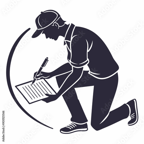 Inspector Silhouette Person Kneeling Writing On Clipboard With Pen Illustration
