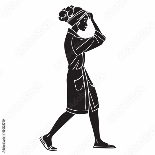 Black Silhouette Woman Combing Hair Styling Illustration In Circle