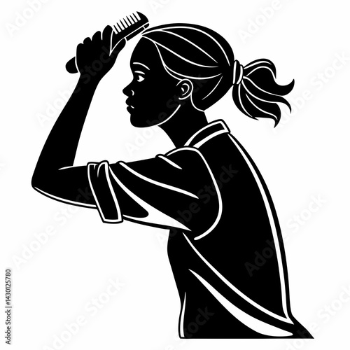 Elegant Black Woman Silhouette Combing Hair Minimalist Graphic Art Style