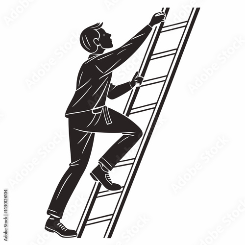Silhouette Of Man Climbing Ladder To Success In Business Vector Illustration