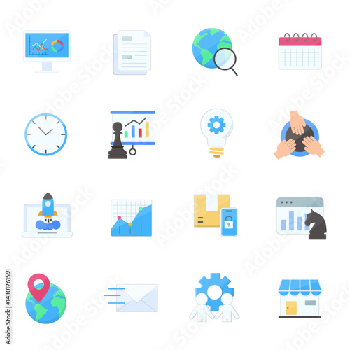 Startup, Business Strategy, and Data Analysis Icons Flat Vector Set