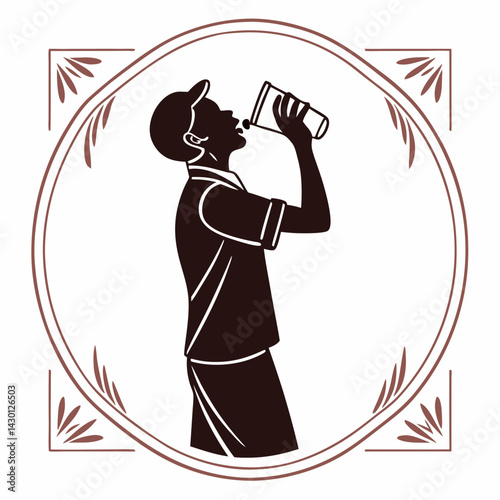 Man Drinking From Bottle In A Brown Round Frame Vector Graphic