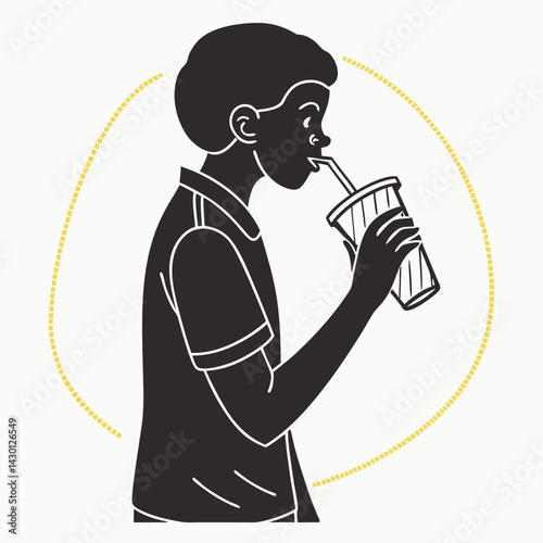 Person Drinking Refreshment With Straw Black And White Graphic Illustration