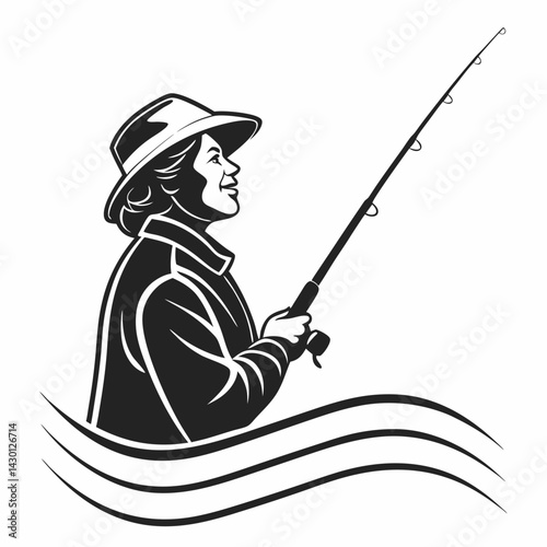 Vector Illustration Of Happy Woman Fishing On Water With Rod In Hand