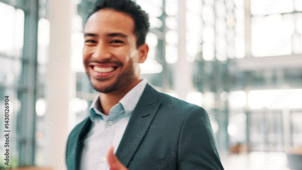 Businessman, face and wink with thumbs up, smile and walk for confidence, emoji and promotion. Portrait, happy person and entrepreneur with success, yes gesture and OK in convention center lobby Businessman, face and wink with thumbs up, smile and walk for confidence, emoji and promotion. Portrait, happy person and entrepreneur with success, yes gesture and OK in convention center lobby