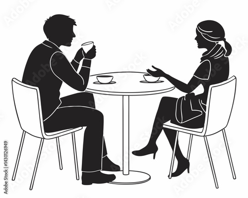 Young couple at a café table vector illustration, the woman and man enjoy coffee during their dinner