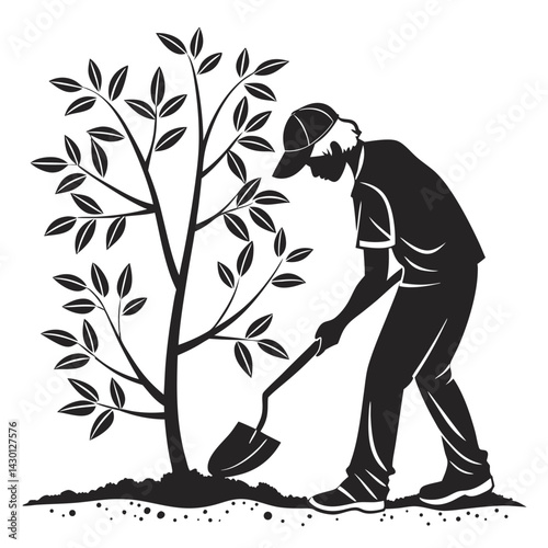 Silhouette Of A Man Planting Tree With Shovel For Environmental Conservation Vector