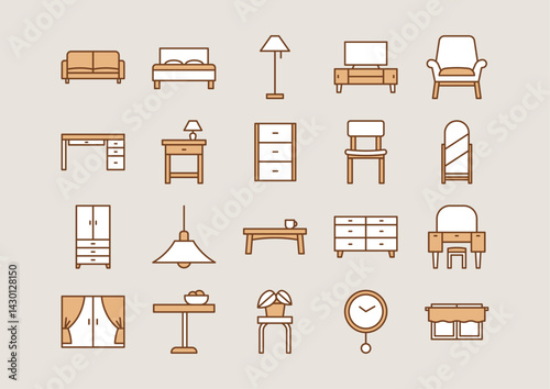 Collection of minimalist furniture icons for interior design. Linear duotone simple icons collection. 