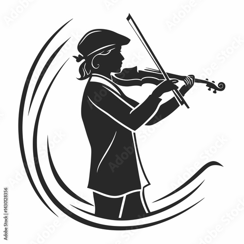 Silhouette Of Fiddler Playing Violin With Decorative Swirls Elegant Vector Design