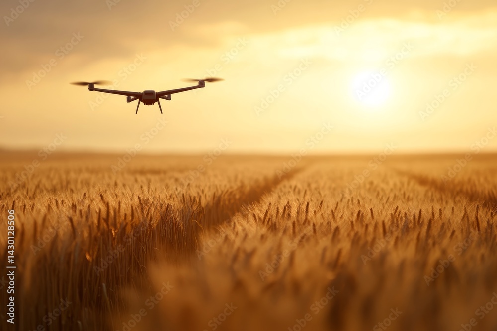 A drone hovers above tall wheat stalks in a golden field, capturing the beauty of the setting sun and the warm glow of dust particles in the air A drone hovers above tall wheat stalks in a golden field, capturing the beauty of the setting sun and the warm glow of dust particles in the air