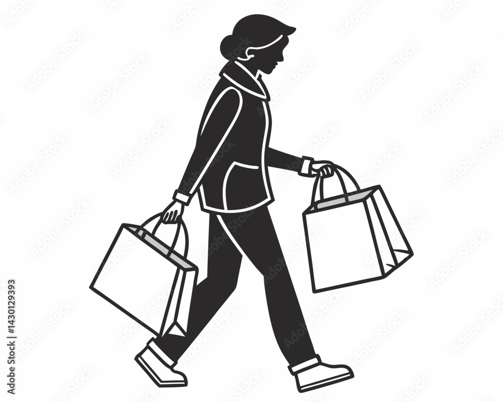 Woman Walking With Shopping Bags Black And White Minimalist Style Illustration Woman Walking With Shopping Bags Black And White Minimalist Style Illustration